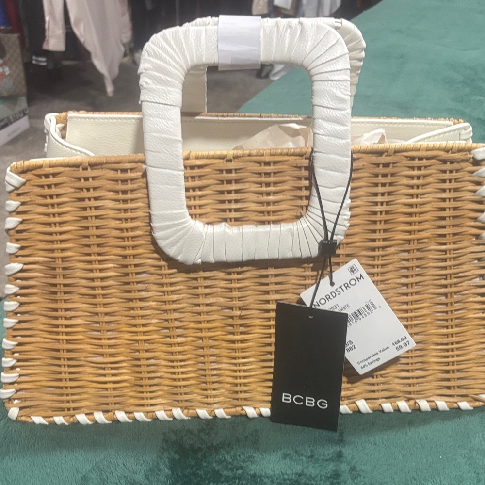 BCBG Tan and White Woven Tote